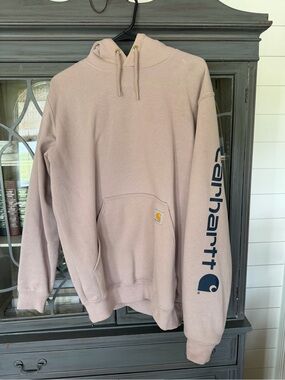 Carhartt Pullover Hoodie in Dusty Pink with Navy Sleeve Logo